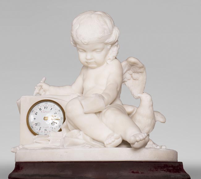 Pendulum from a model by Jean Baptiste Pigalle in Carrara marble from the end of the 19th century-2