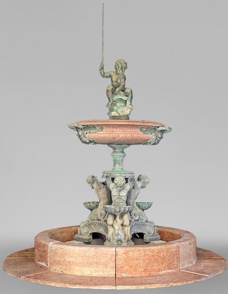 Italian fountain in Napoleon III style in bronze and red marble from Verona-0