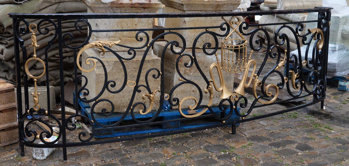Antique Napoleon III wrought iron balcony with musical attributes-1