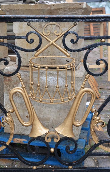 Antique Napoleon III wrought iron balcony with musical attributes-3