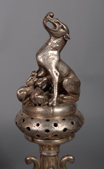 Victor GEOFFROY-DECHAUME, Pair of incense burners made out of silvered bronze, adorned with dogs, circa 1840-4