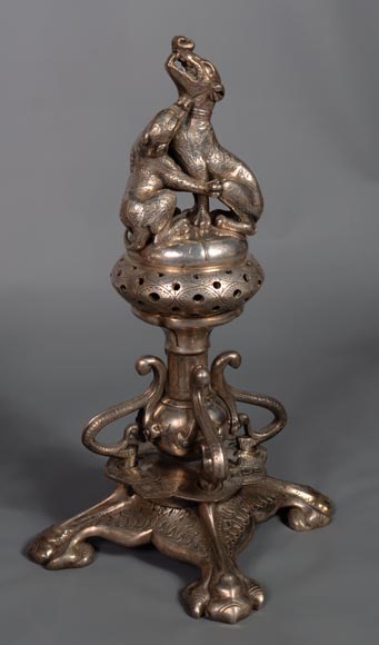 Victor GEOFFROY-DECHAUME, Pair of incense burners made out of silvered bronze, adorned with dogs, circa 1840-5