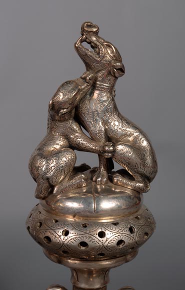 Victor GEOFFROY-DECHAUME, Pair of incense burners made out of silvered bronze, adorned with dogs, circa 1840-6