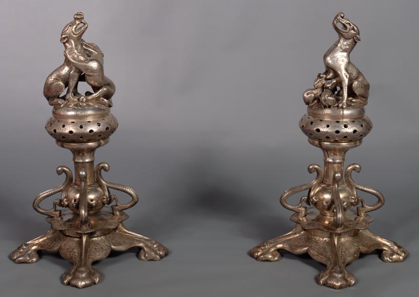 Victor GEOFFROY-DECHAUME, Pair of incense burners made out of silvered bronze, adorned with dogs, circa 1840-8