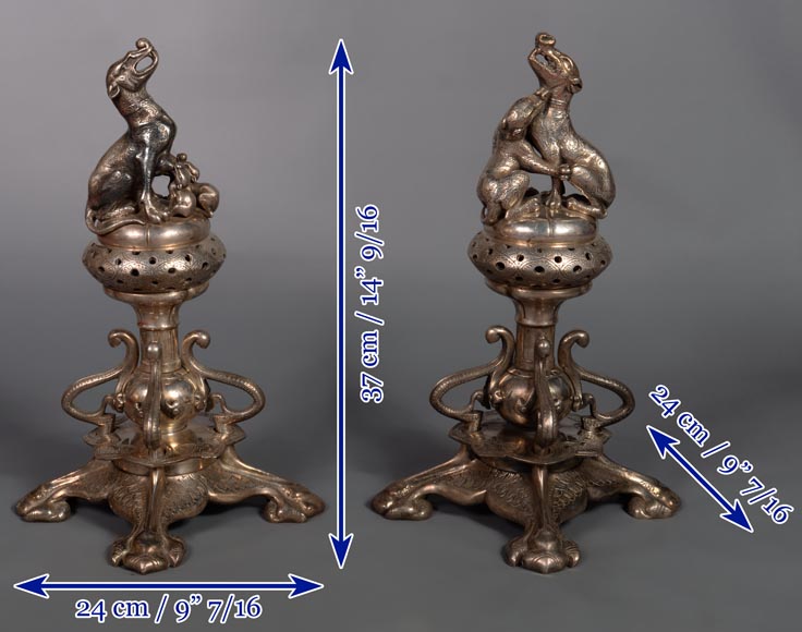 Victor GEOFFROY-DECHAUME, Pair of incense burners made out of silvered bronze, adorned with dogs, circa 1840-10
