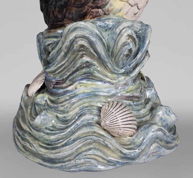 Earthenware umbrella holder representing a fish coming out of a wave-4