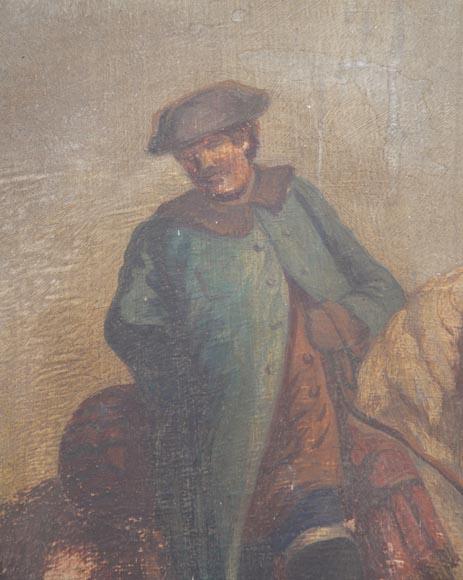 Antique Louis XV style trumeau with an oil on panel representing a scene of merchants on horseback-4