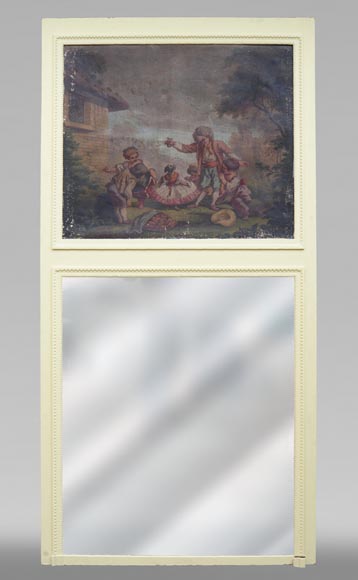 Antique trumeau with an oil on canvas representing a scene of children playing with a dog-0