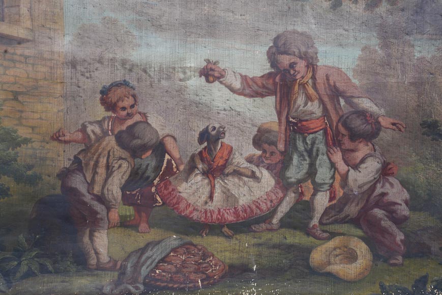 Antique trumeau with an oil on canvas representing a scene of children playing with a dog-1