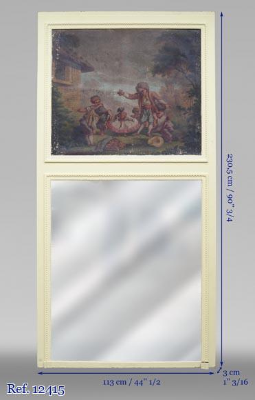 Antique trumeau with an oil on canvas representing a scene of children playing with a dog-6