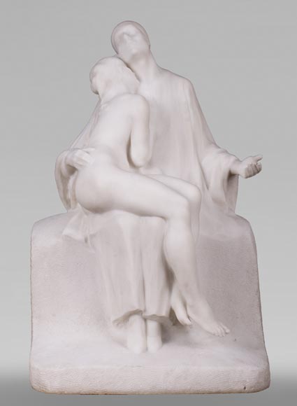 Alexandre Descatoire 1874 1949 Pierrot And Colombine Marble Sculpture Sculpture