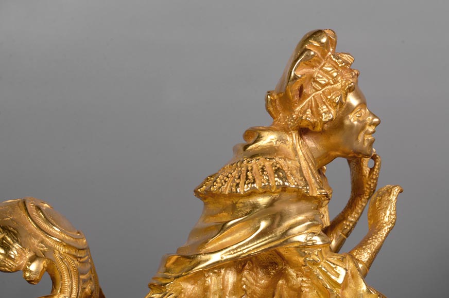 Pair of antique Louis XV style gilt bronze andirons with characters in  costume - Firedogs, andirons
