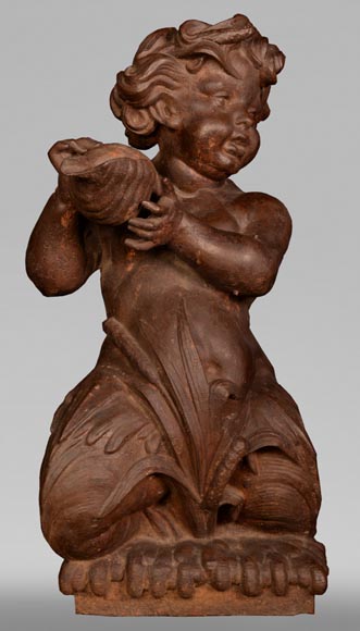 Cast iron statue fountain representing a child with a shell-0
