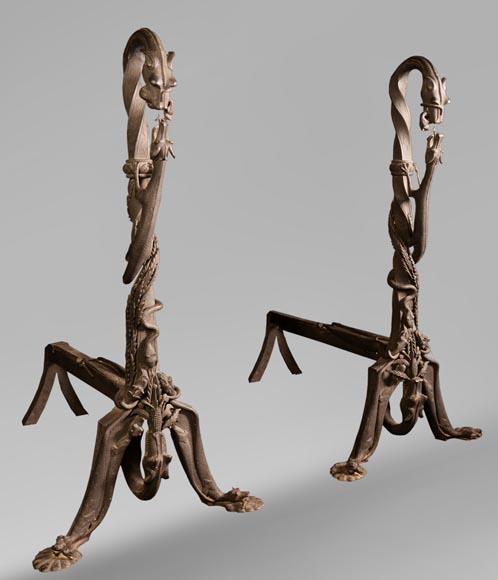 LARCHEVÊQUE, Pair of large Viking-inspired wrought-iron andirons-0