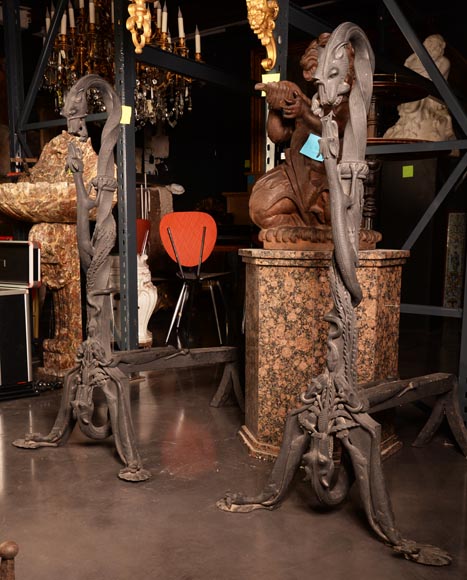 LARCHEVÊQUE, Pair of large Viking-inspired wrought-iron andirons-1