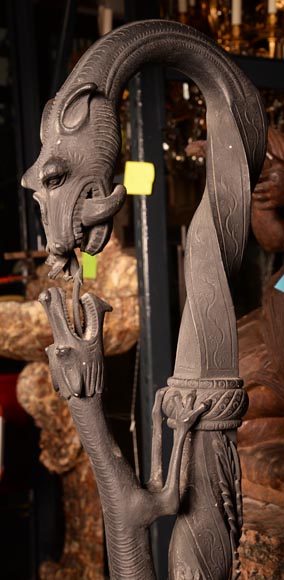 LARCHEVÊQUE, Pair of large Viking-inspired wrought-iron andirons-5