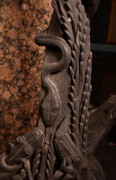 LARCHEVÊQUE, Pair of large Viking-inspired wrought-iron andirons-7