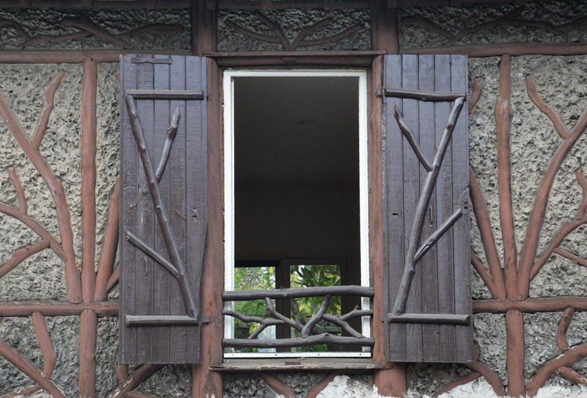 Original set of a pair of wooden shutters and railings, rustic style, mid-19th centur-0