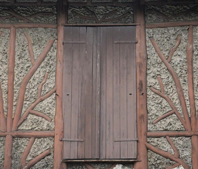 Original set of a pair of wooden shutters and railings, rustic style, mid-19th centur-1