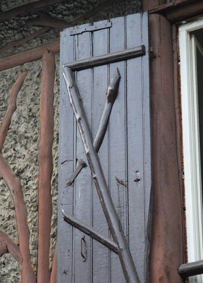 Original set of a pair of wooden shutters and railings, rustic style, mid-19th centur-3