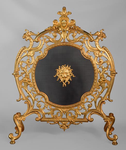 Napoleon III style firescreen in gilt bronze with lion and putto mascaron-0