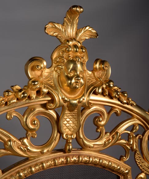 Napoleon III style firescreen in gilt bronze with lion and putto mascaron-1
