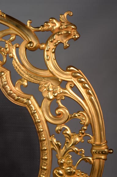 Napoleon III style firescreen in gilt bronze with lion and putto mascaron-2