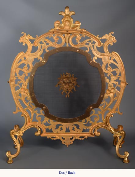 Napoleon III style firescreen in gilt bronze with lion and putto mascaron-7