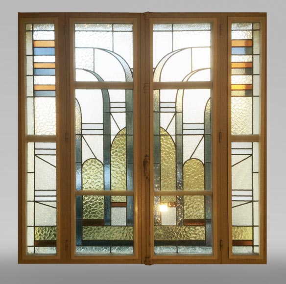 Small stained-glass window with an Art Deco decoration, circa 1940-0
