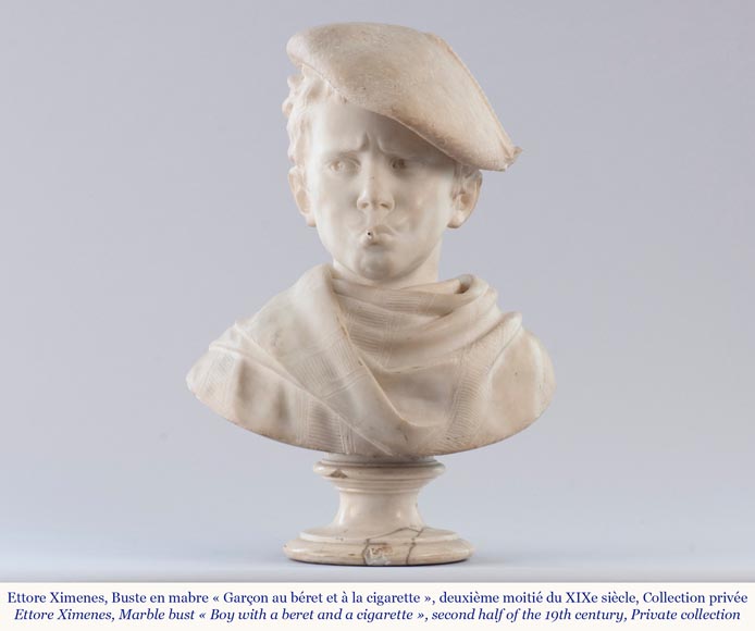 Ettore XIMENES (1855-1926) (attr. to), « Boy with a beret », Carrara marble bust, Second half of the 19th century-1
