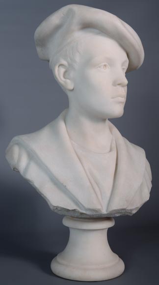 Ettore XIMENES (1855-1926) (attr. to), « Boy with a beret », Carrara marble bust, Second half of the 19th century-3