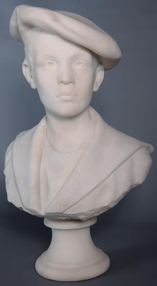Ettore XIMENES (1855-1926) (attr. to), « Boy with a beret », Carrara marble bust, Second half of the 19th century-4