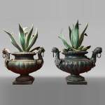 Pair of cast iron vases with cactus