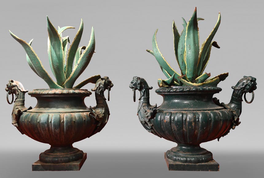Pair of cast iron vases with cactus-0