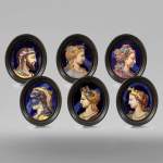 BROCARD Frères, Jules LOEBNITZ, Set of six important ceramic medallions depicting the four seasons and two gods, 1859-1860