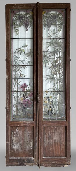Claudius Bertrand, double door adorned with stained glass with floral decoration, circa 1900-0