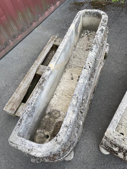 Pair of rectangular stone planters, decorated with floral scrollwork.-2