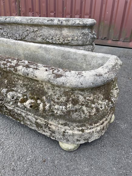 Pair of rectangular stone planters, decorated with floral scrollwork.-3