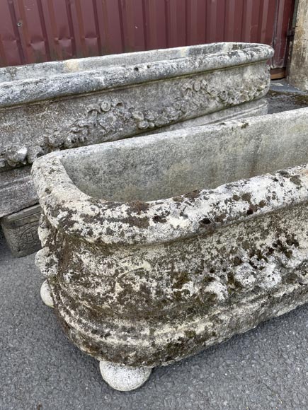 Pair of rectangular stone planters, decorated with floral scrollwork.-4