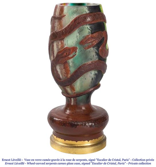 Ernest LEVEILLE - Exceptional cracked glass vase with polychrome and gilt insert decor on a gilt bronze mount, circa1890-1