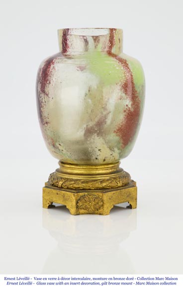 Ernest LEVEILLE - Exceptional cracked glass vase with polychrome and gilt insert decor on a gilt bronze mount, circa1890-2