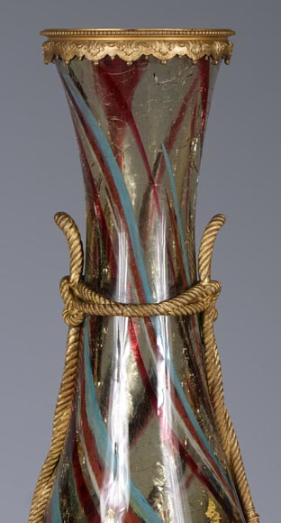 Ernest LEVEILLE - Exceptional cracked glass vase with polychrome and gilt insert decor on a gilt bronze mount, circa1890-5