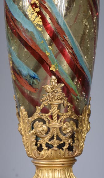 Ernest LEVEILLE - Exceptional cracked glass vase with polychrome and gilt insert decor on a gilt bronze mount, circa1890-11