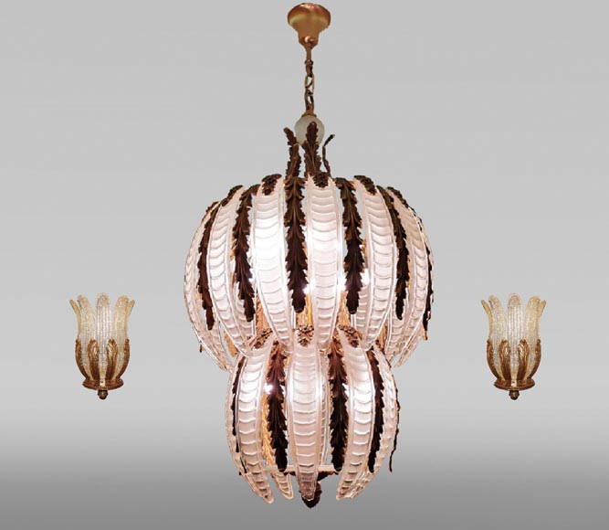 Set Consisting Of A Chandelier And A Pair Of Glass And Brass Sconces End Of The Twentieth Century Chandeliers Ceiling Lamps