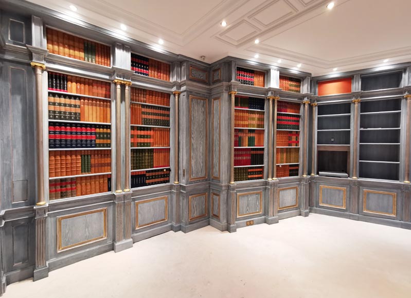 Wood paneled room with trompe l'oeil library decoration, late 20th century-0