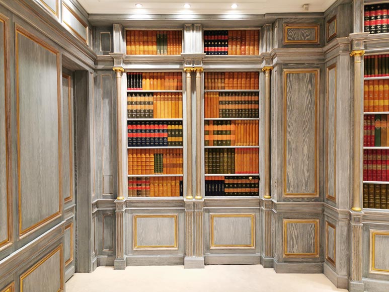 Wood paneled room with trompe l'oeil library decoration, late 20th century-2
