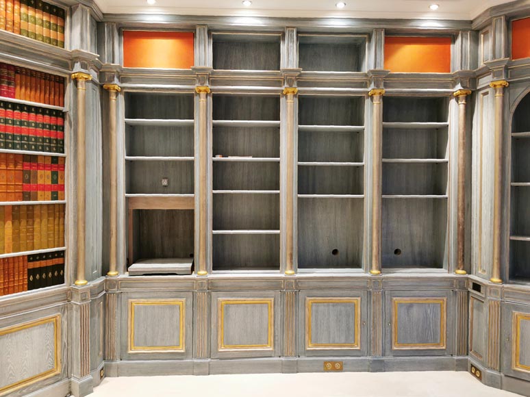 Wood paneled room with trompe l'oeil library decoration, late 20th century-7