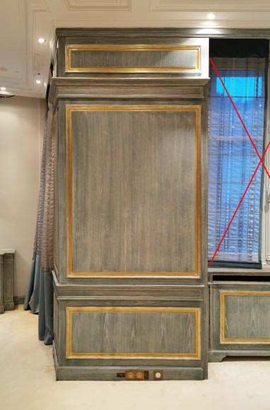 Wood paneled room with trompe l'oeil library decoration, late 20th century-12