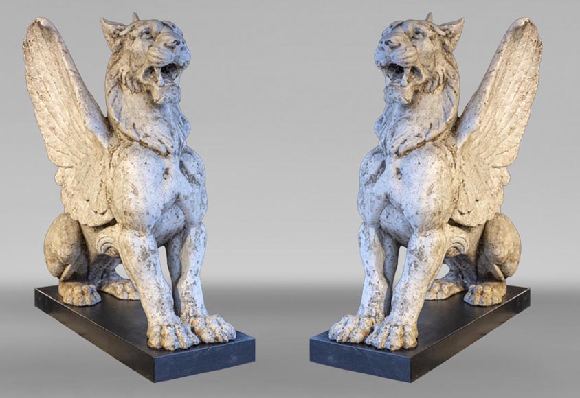 Rare pair of winged lions, cast iron, 19th century-0