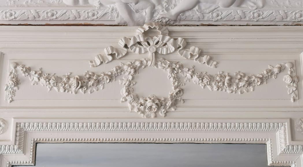  Louis XVI style overmantel in painted wood and stucco with flowers garlands-1